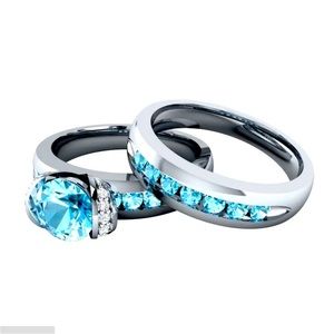 New 925 Sterling Silver Aquamarine 2pc Ring Set